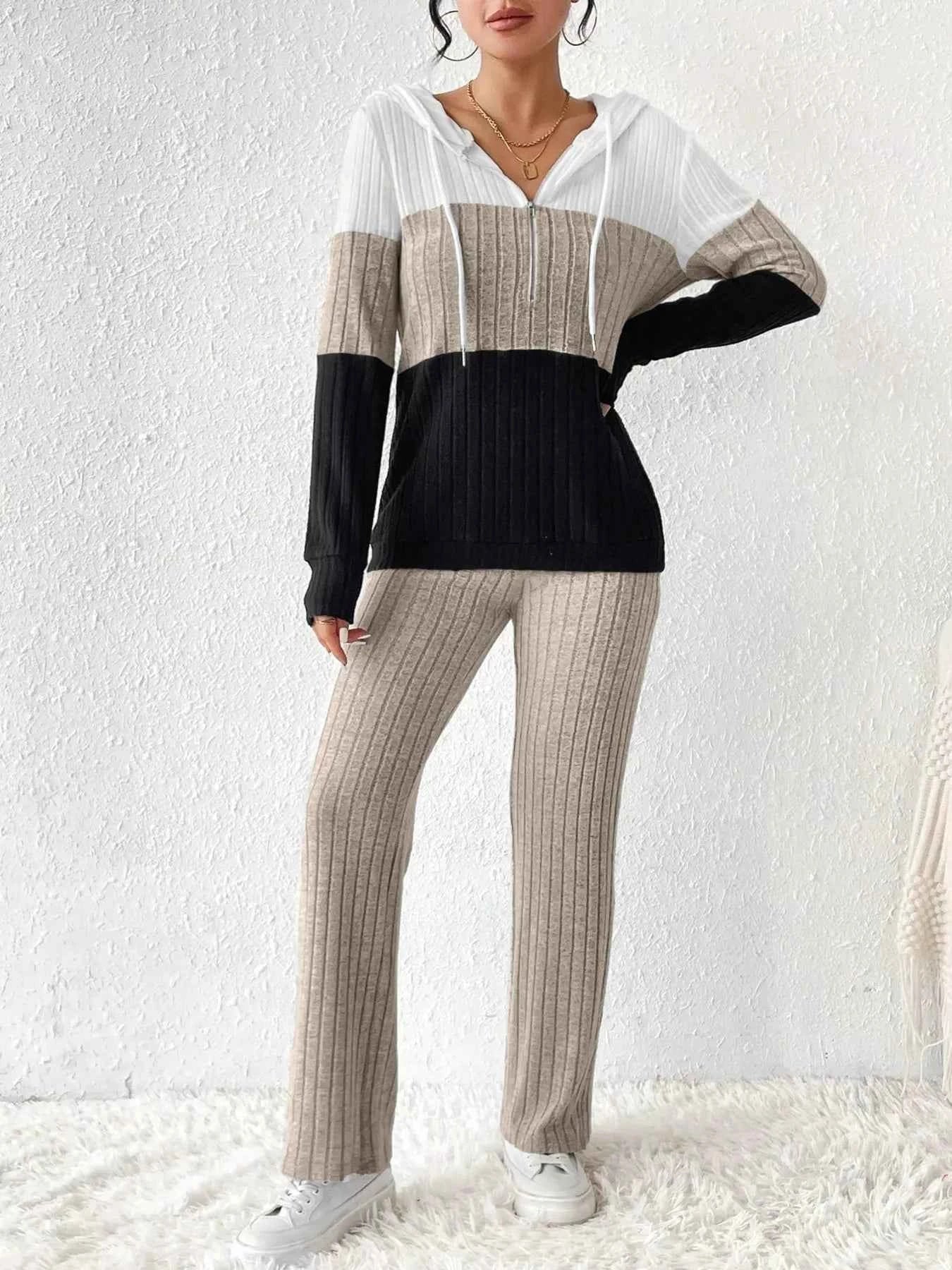 Color Block Half Zip Hooded Top and Pants Set