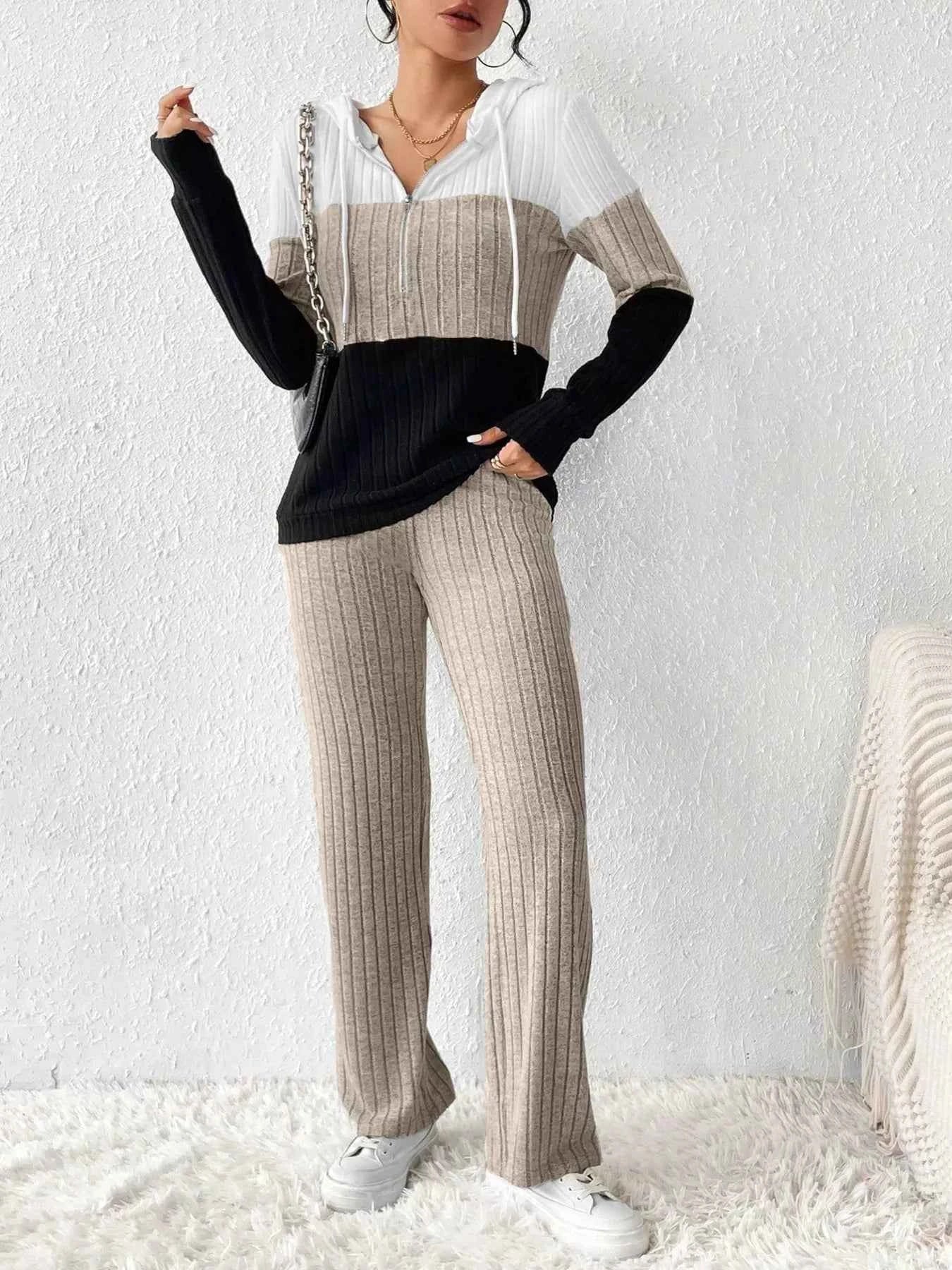 Color Block Half Zip Hooded Top and Pants Set