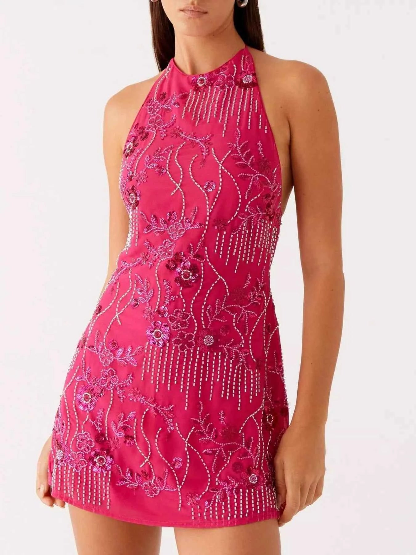 Sequin Beaded Halter Neck Dress