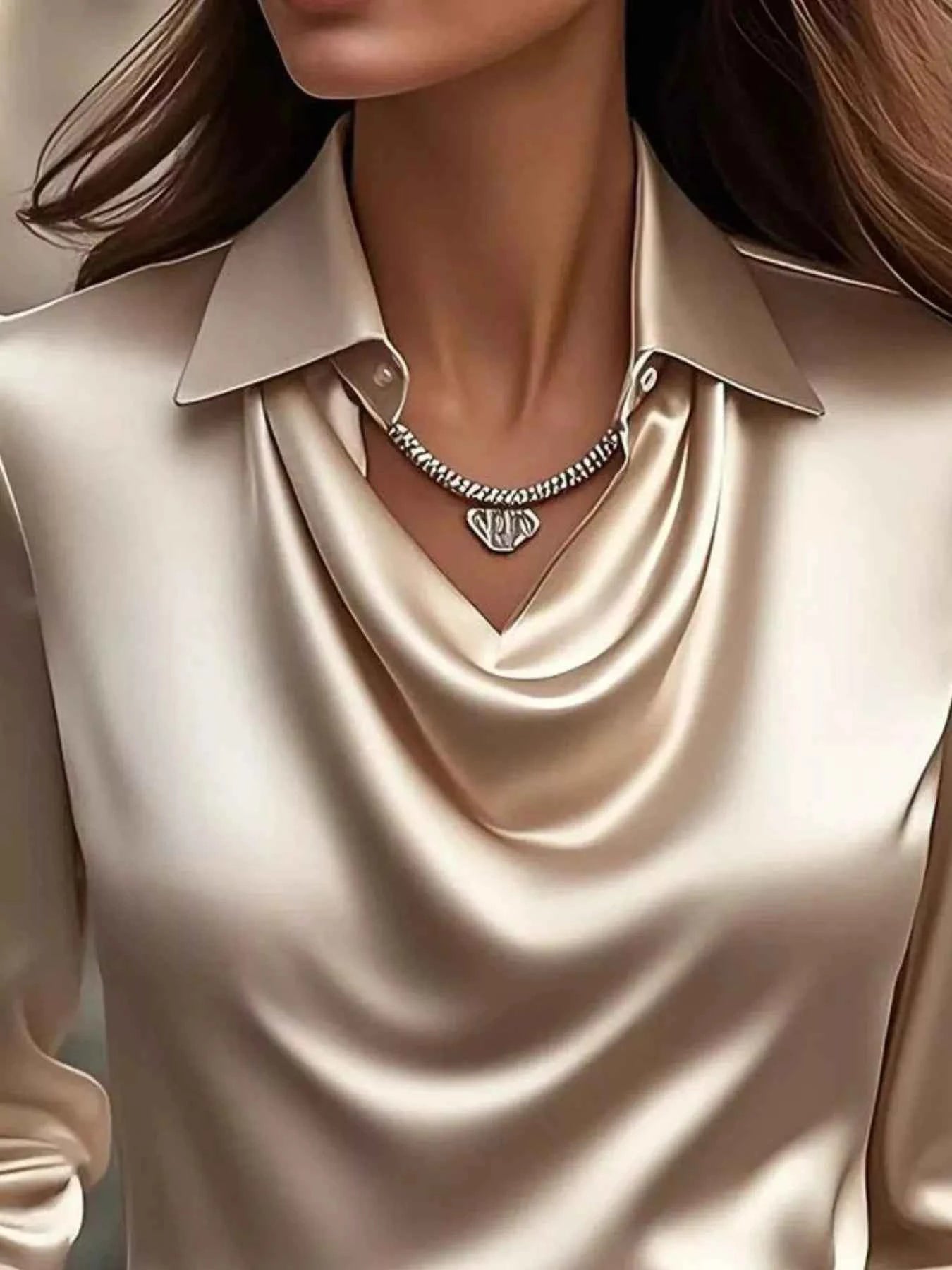 Ruched Long Sleeve Drape Collar Blouse