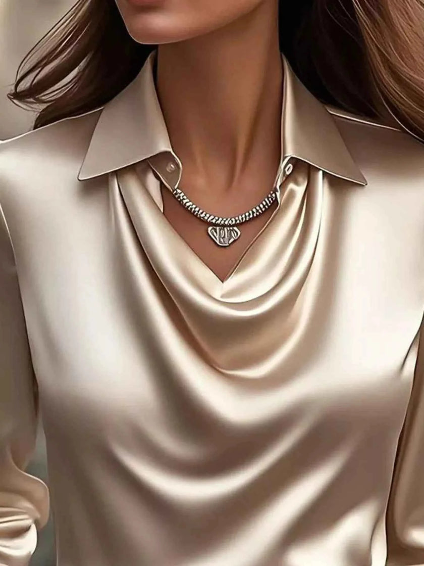 Ruched Long Sleeve Drape Collar Blouse