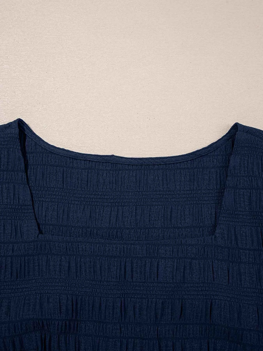 Textured Square Neck Top and Shirred High Waist Shorts Set