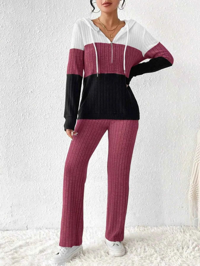 Color Block Half Zip Hooded Top and Pants Set