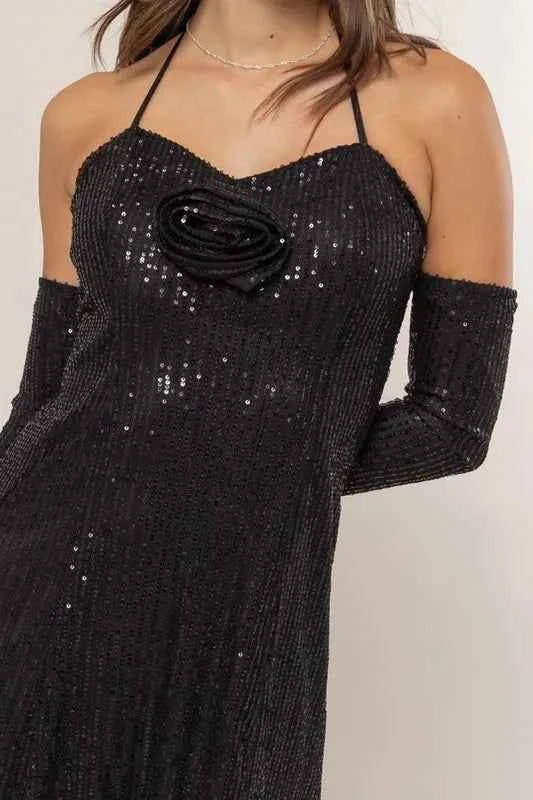 HYFVE Sequin Rosette Halter Mini Dress