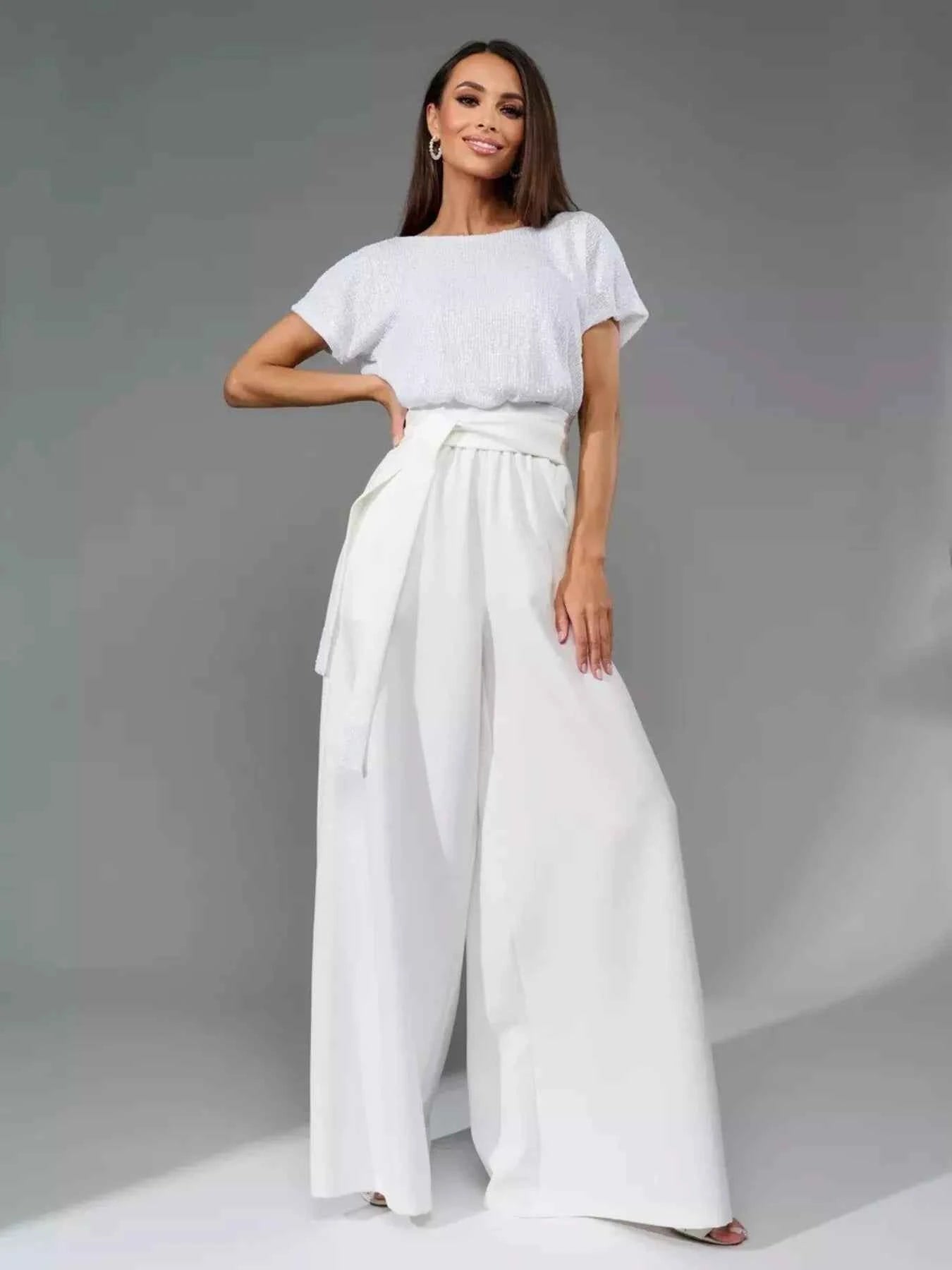 Full Size Sequin Short Sleeve Wide Leg Jumpsuit Plus Size