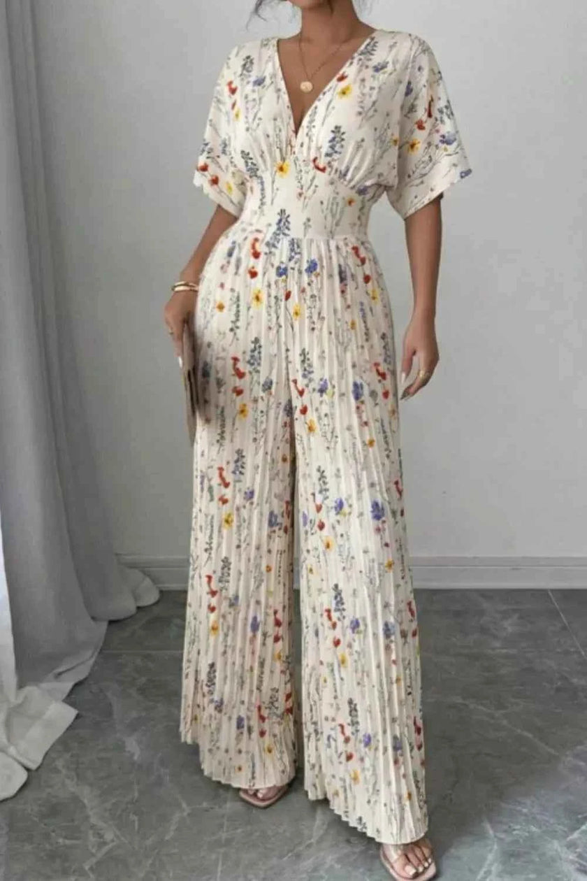 Floral Print Wide Leg Pleated Jumpsuit