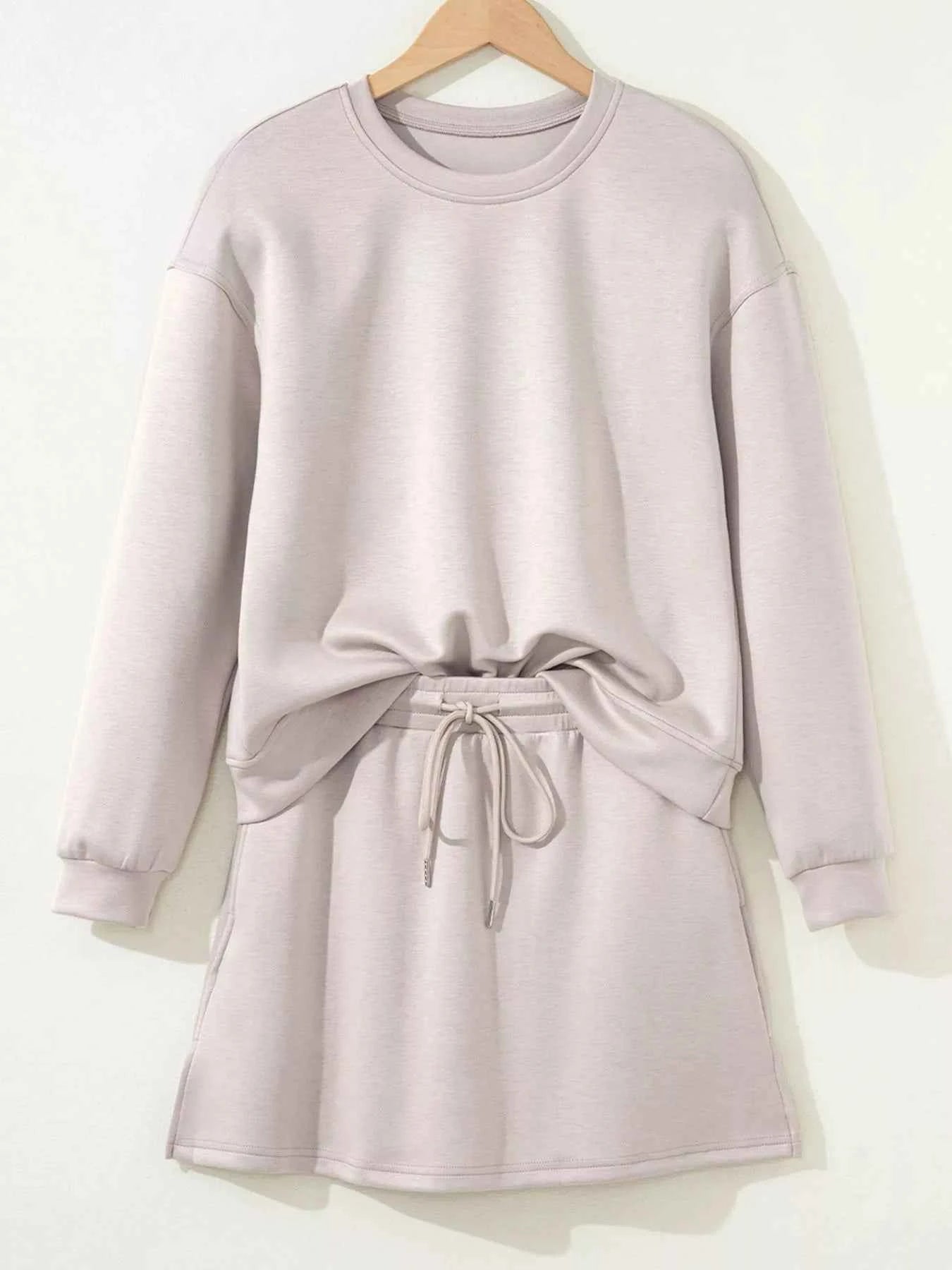 Solid Color Drop Shoulder Pullover and Drawstring Mini Skirt 2pcs Outfit