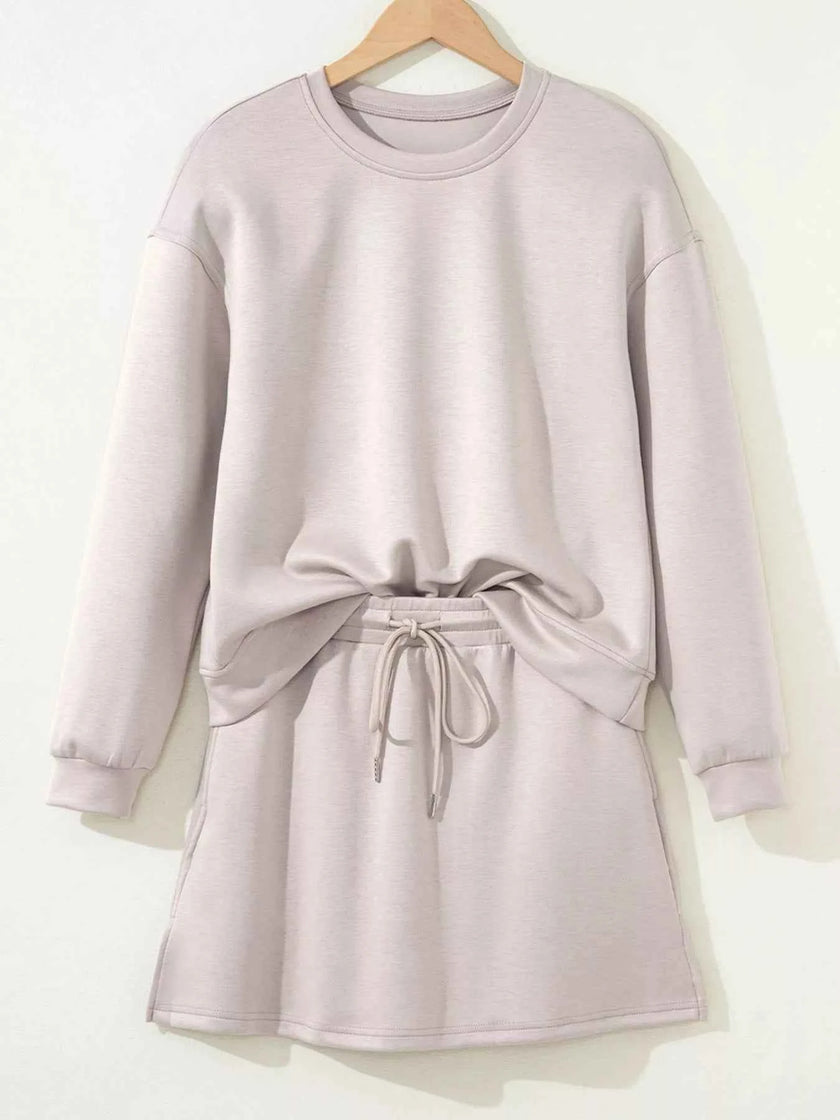 Solid Color Drop Shoulder Pullover and Drawstring Mini Skirt 2pcs Outfit