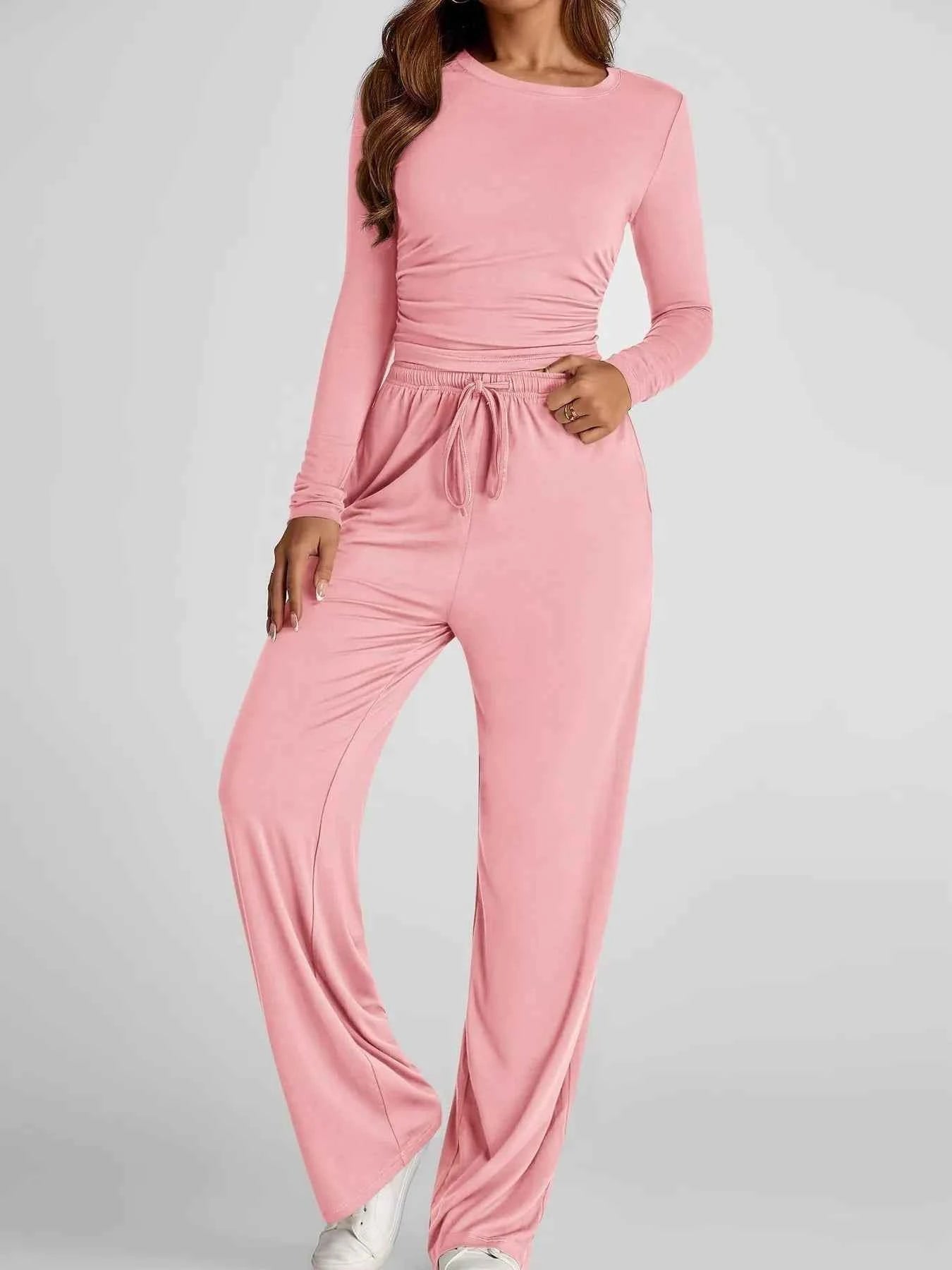 Round Neck Long Sleeve Top and Pants Set
