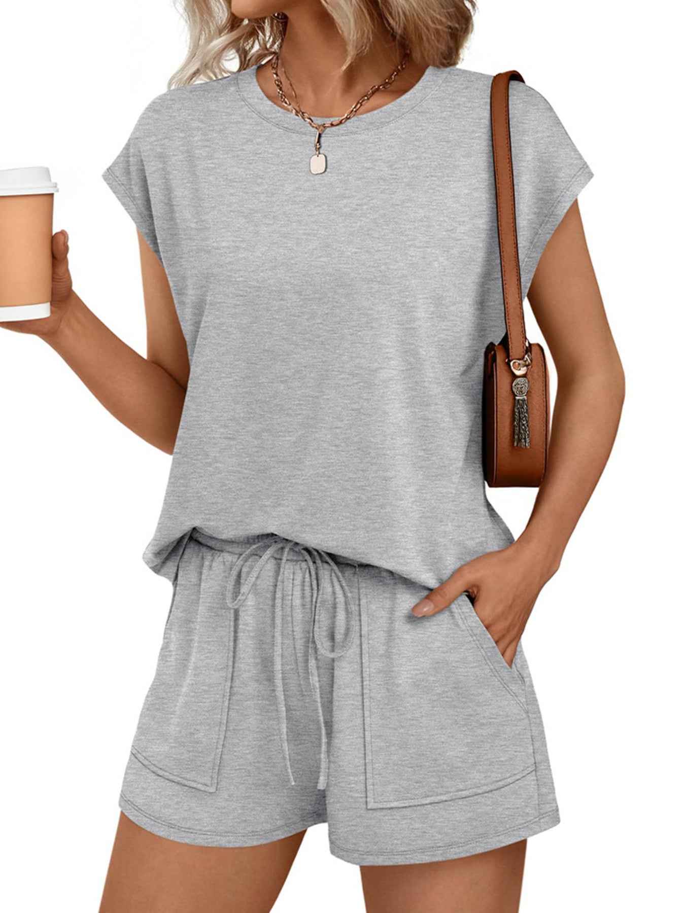 Round Neck Cap Sleeve Top and Shorts Set