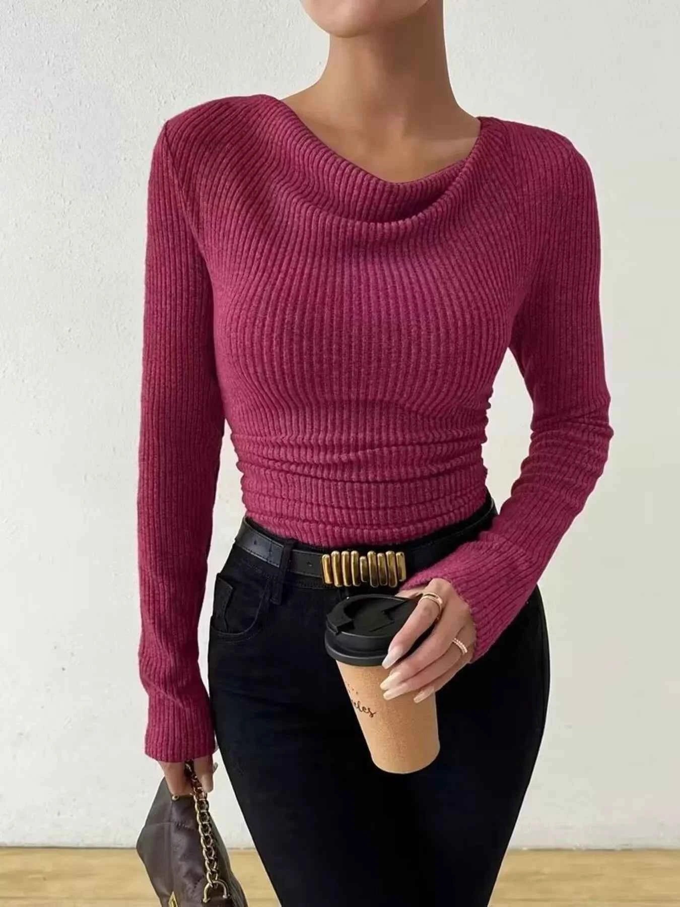 Cowl Neck Ribbed Knit Top