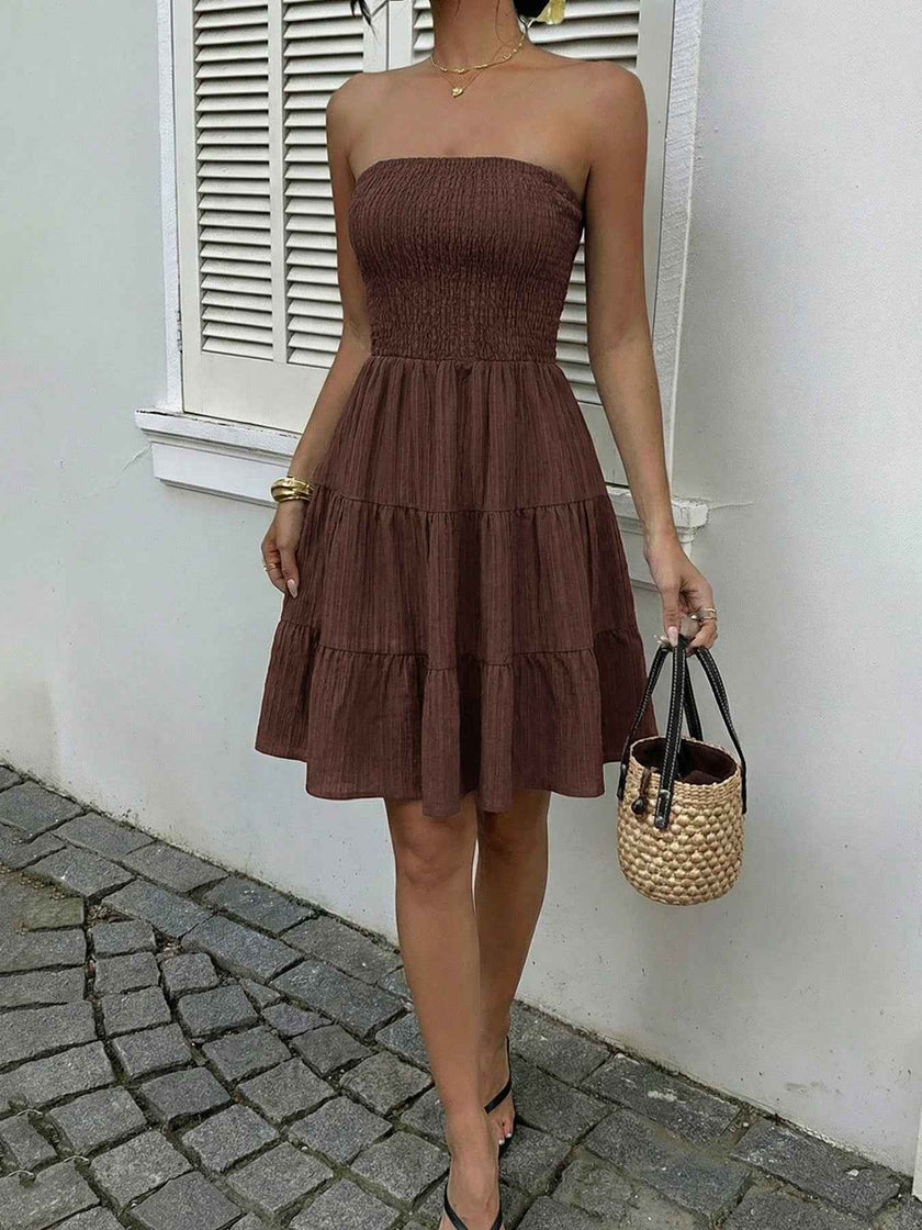Smocked Strapless Tiered Ruffle Mini Dress