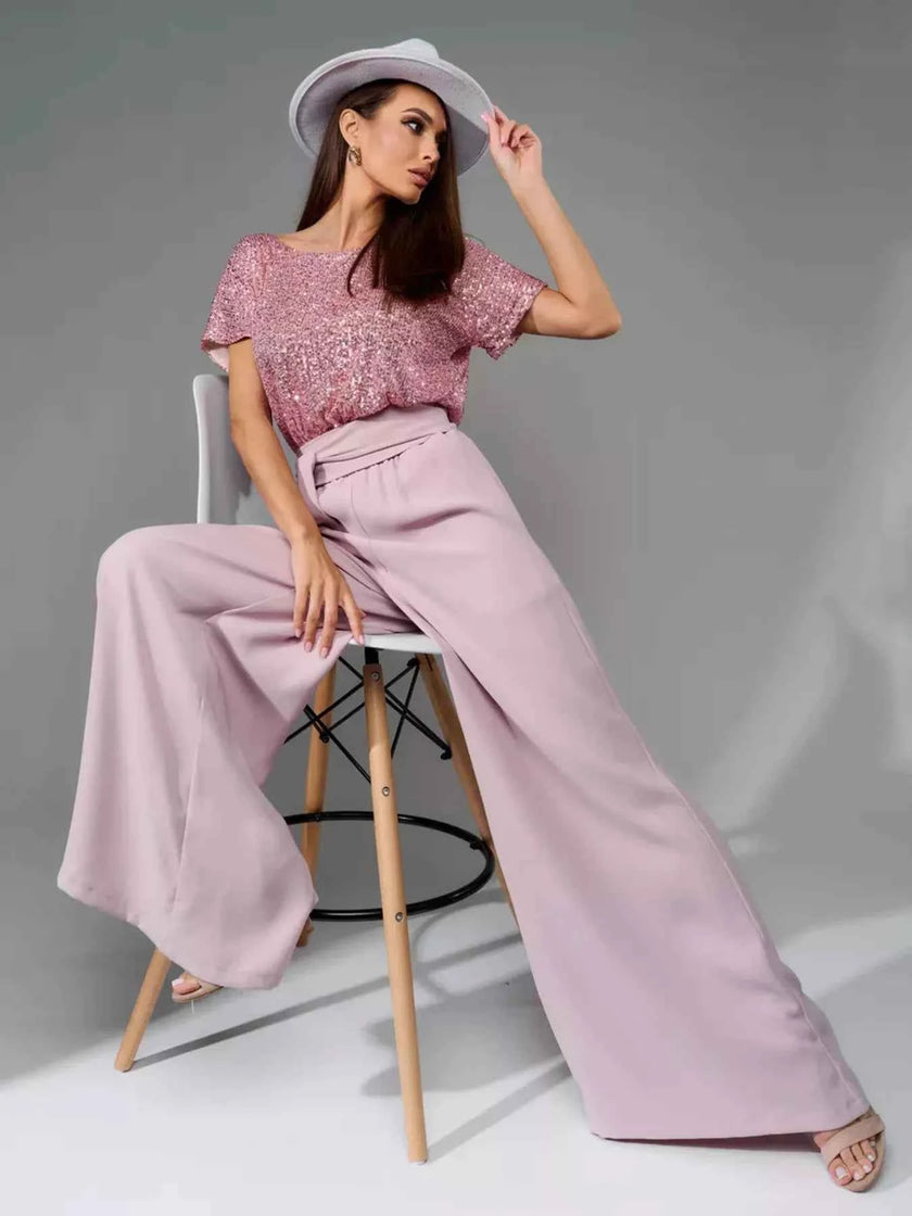 Full Size Sequin Short Sleeve Wide Leg Jumpsuit Plus Size