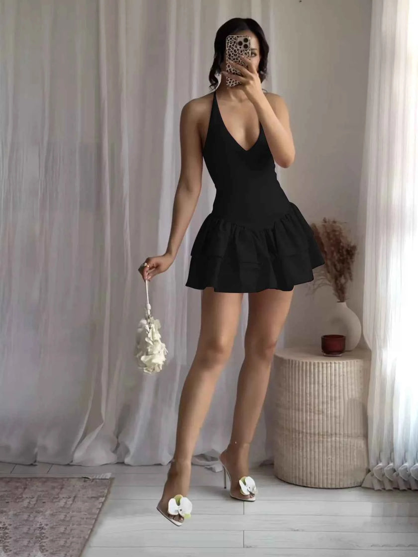 Crisscross Layered Ruffle Hem Mini Dress