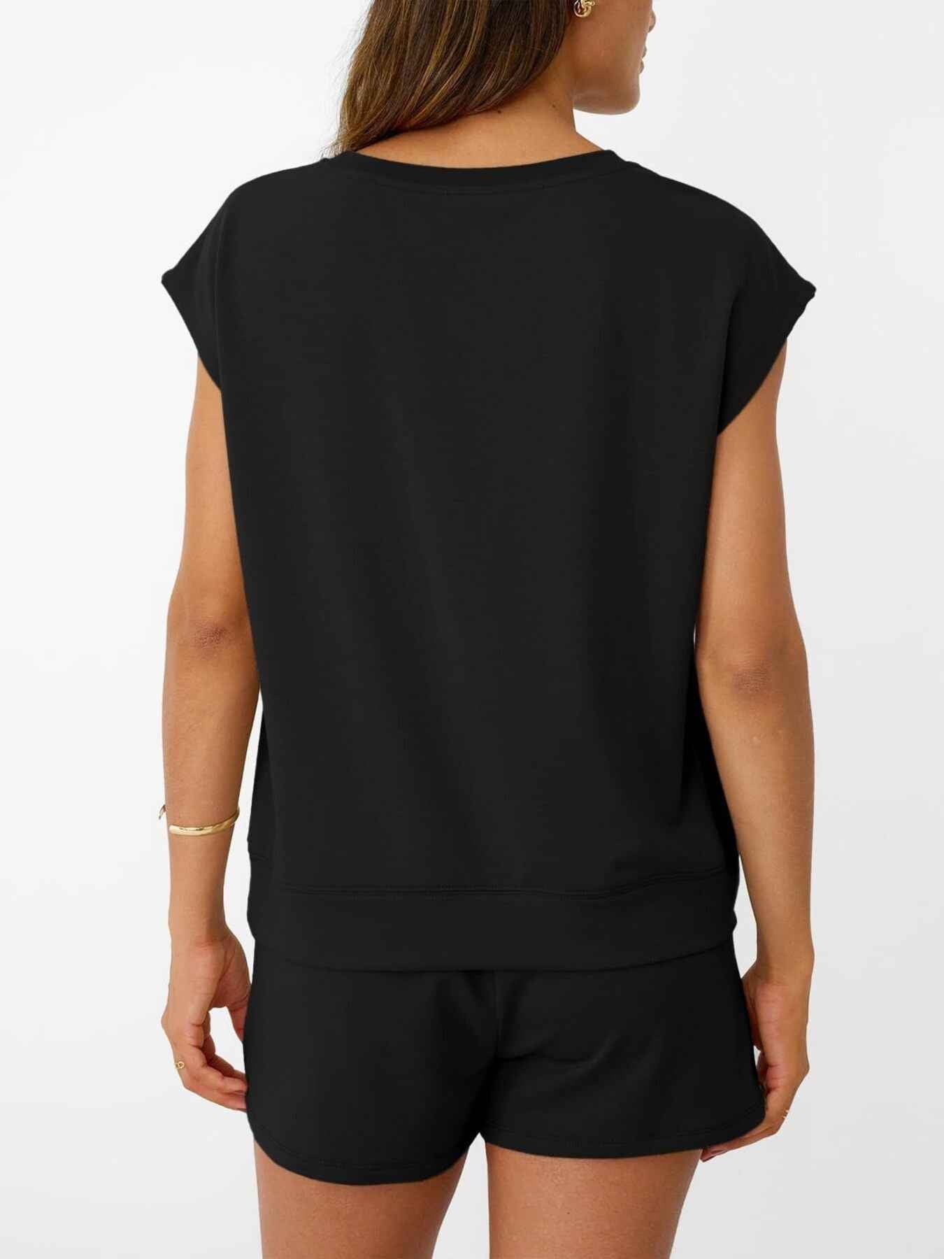 Round Neck Cap Sleeve Top and Shorts Set