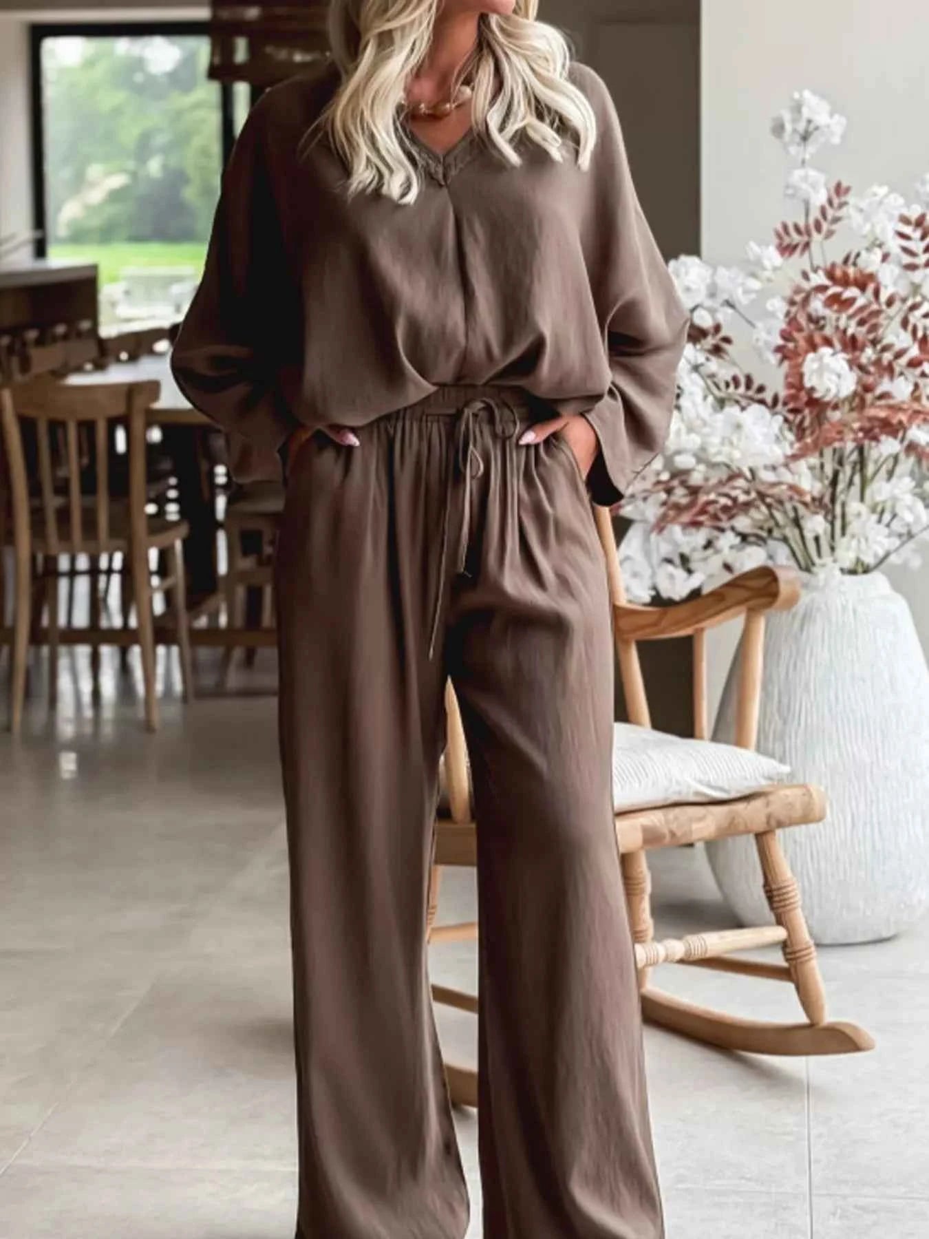 Braided V Neck Long Sleeve Loose Top and Drawstring High Waist Pants 2pcs Outfit