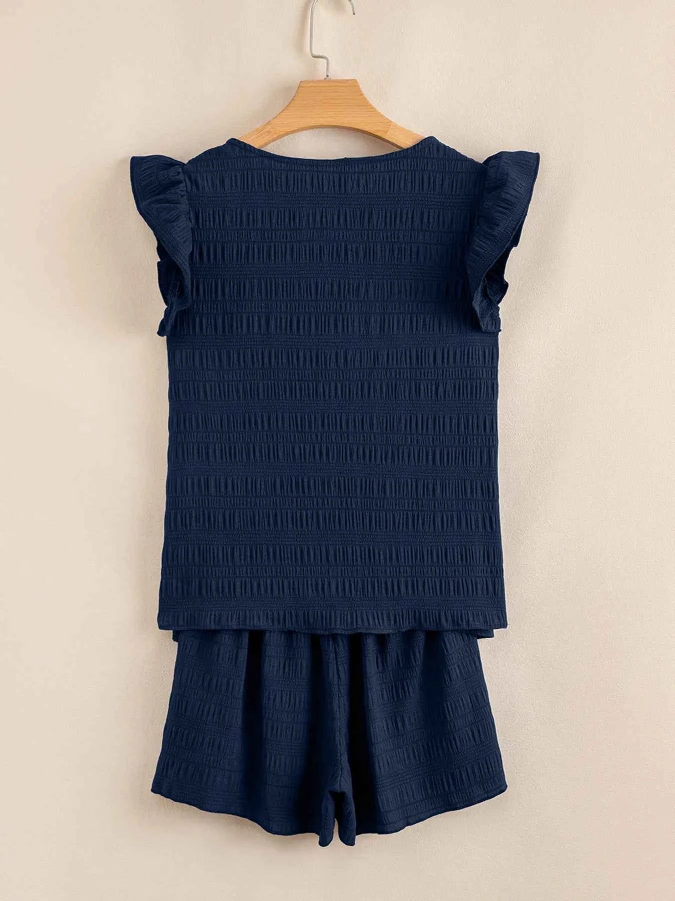 Textured Square Neck Top and Shirred High Waist Shorts Set