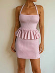 Ribbed Halter Neck Peplum Mini Dress