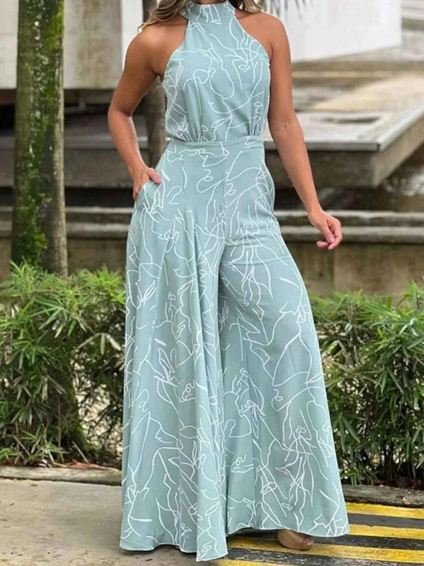 Halter Neck Abstract Print Wide Leg Jumpsuit