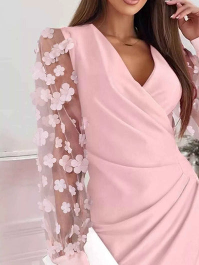 Floral Applique Mesh Sleeve Bodycon Dress