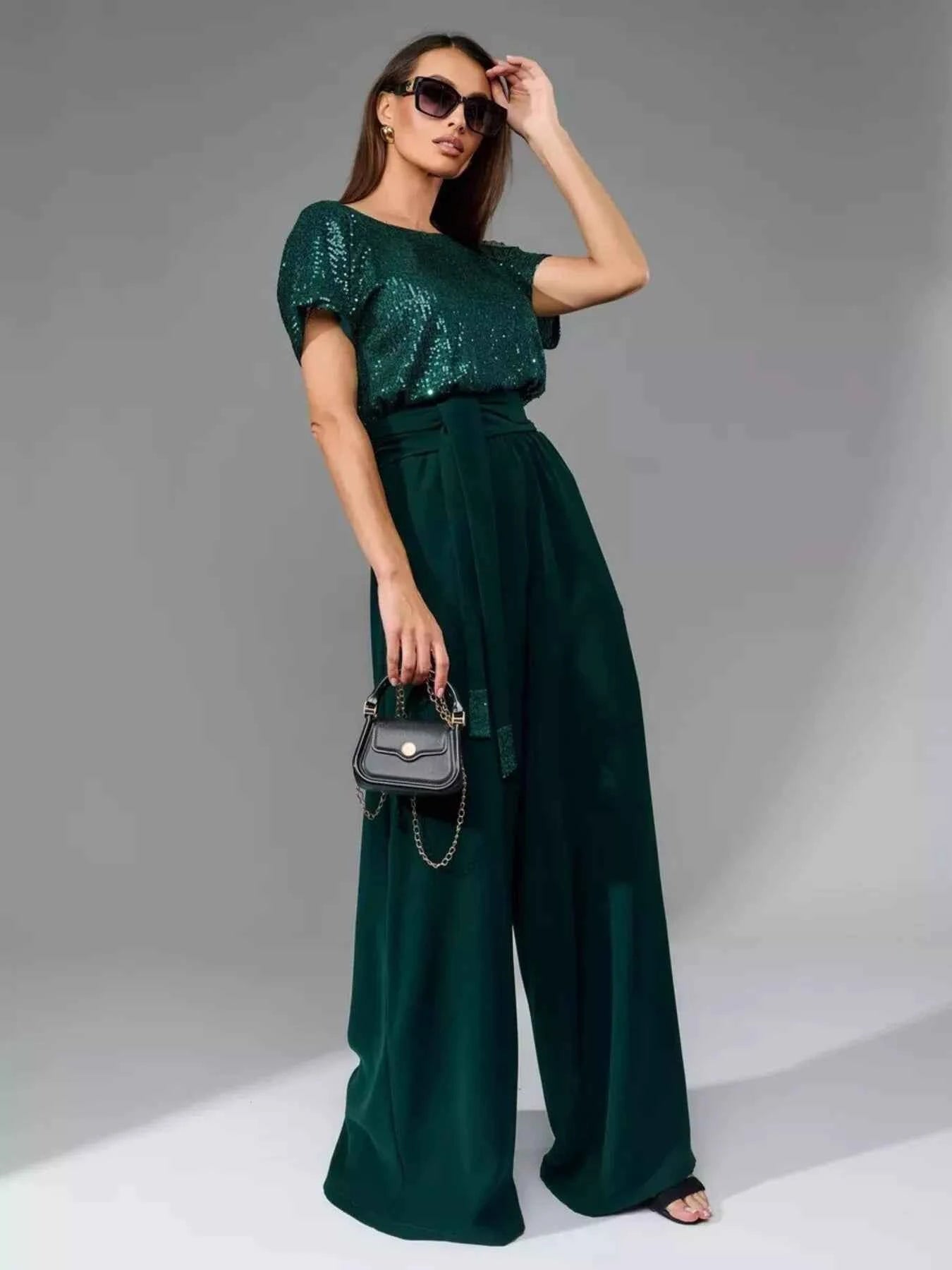 Full Size Sequin Short Sleeve Wide Leg Jumpsuit Plus Size