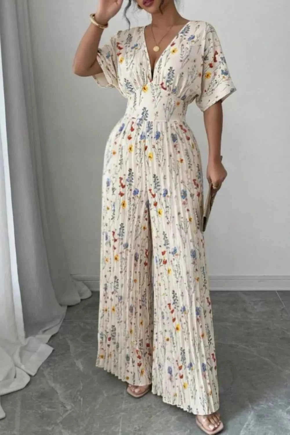 Floral Print Wide Leg Pleated Jumpsuit