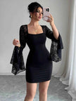 Square Neck Lace Bell Sleeve Bodycon Dress
