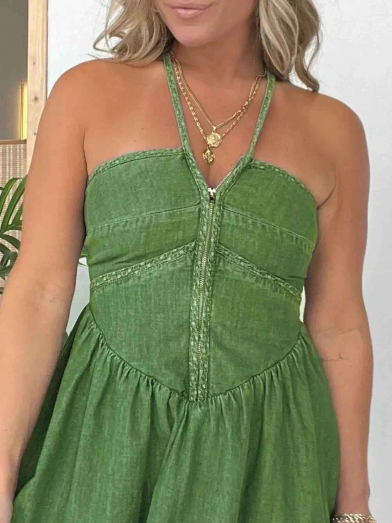 Full Size Lace Up Halter Neck Denim Dress Plus Size