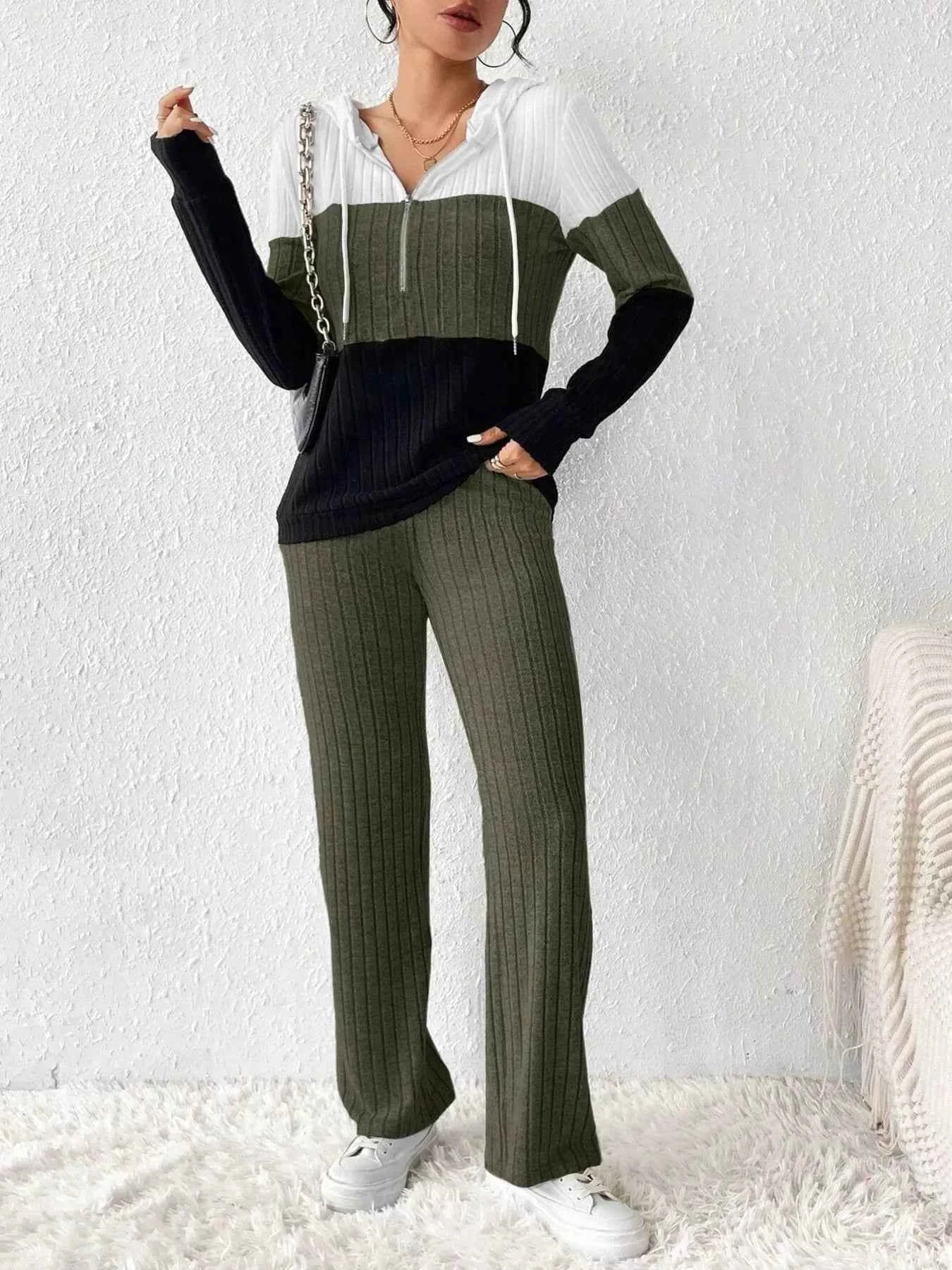 Color Block Half Zip Hooded Top and Pants Set
