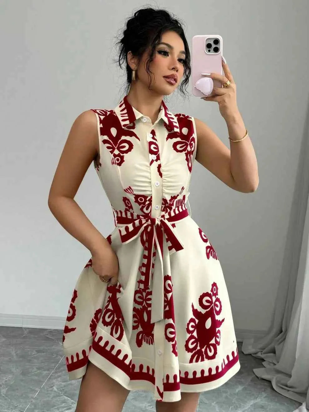 Printed Sleeveless Button Front Dress