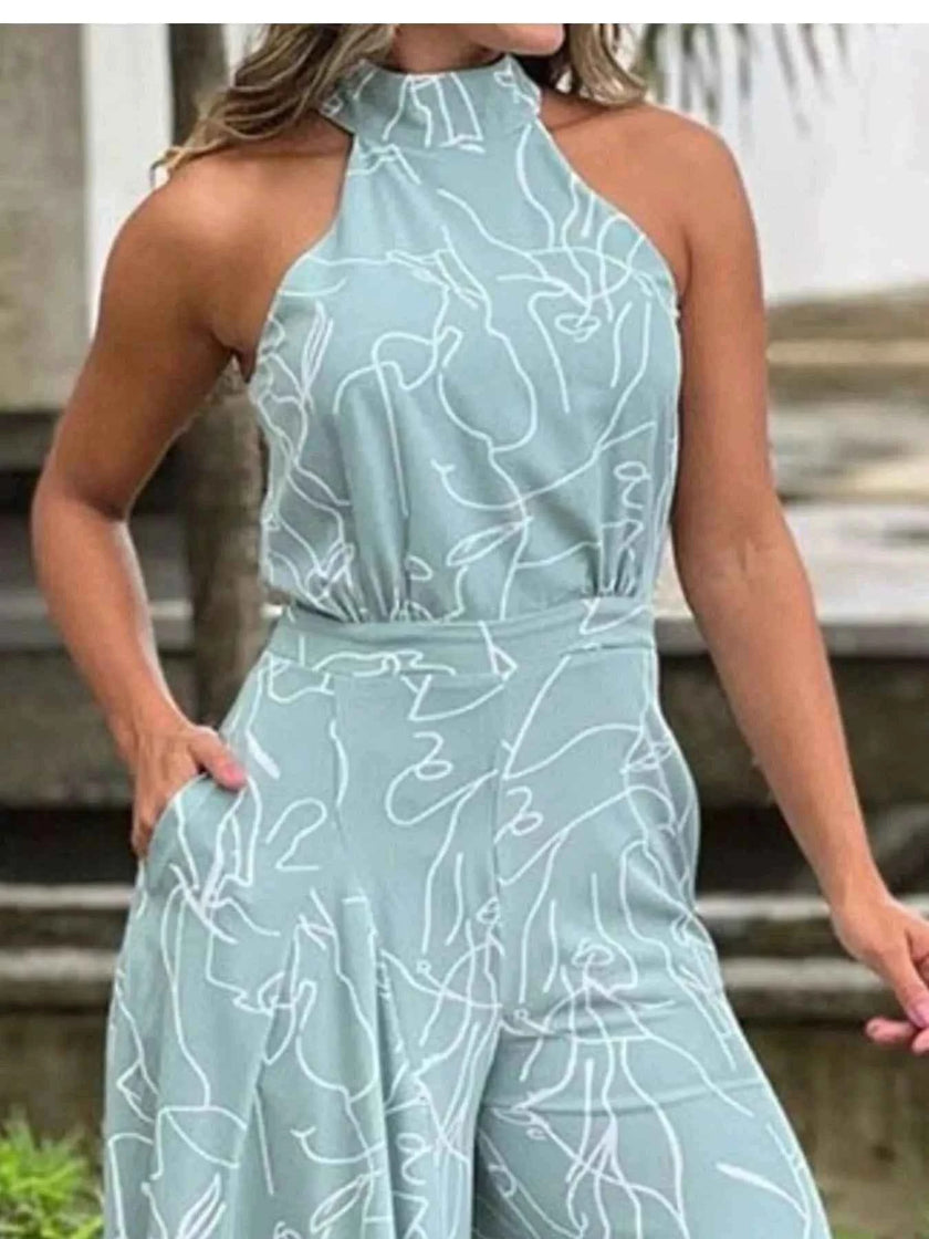 Halter Neck Abstract Print Wide Leg Jumpsuit