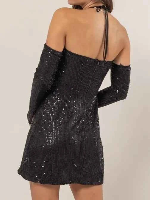 HYFVE Sequin Rosette Halter Mini Dress