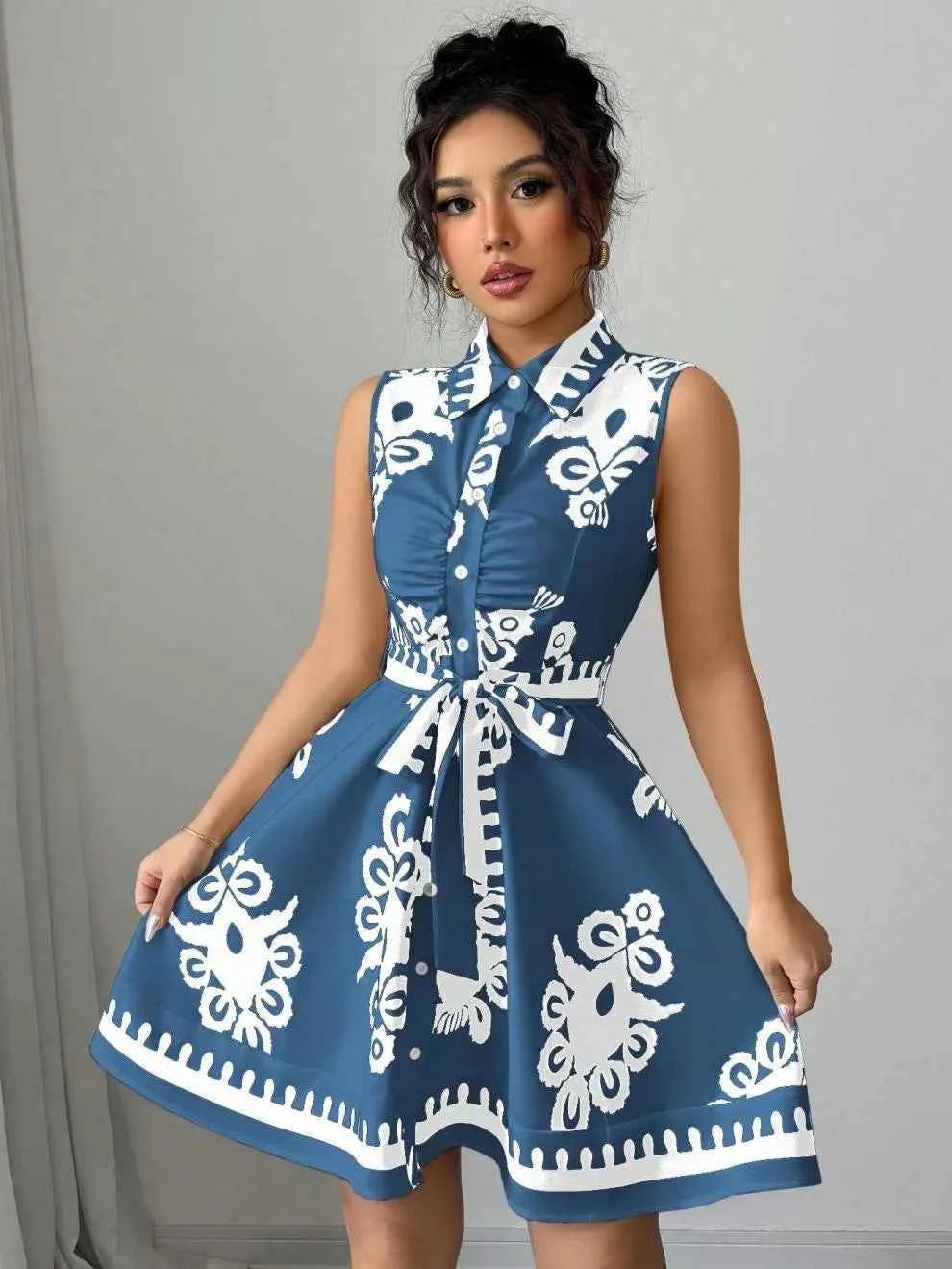 Printed Sleeveless Button Front Dress