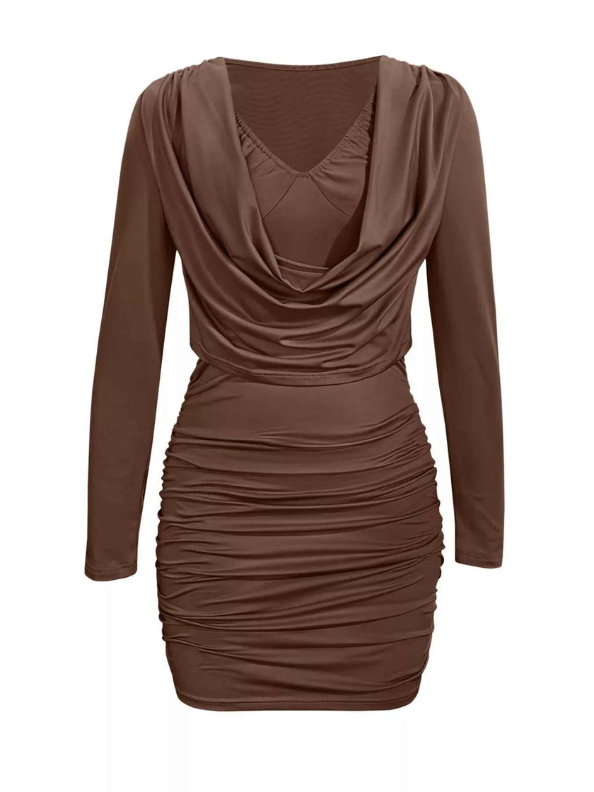 Draped V-Neck Long Sleeve Bodycon Mini Dress