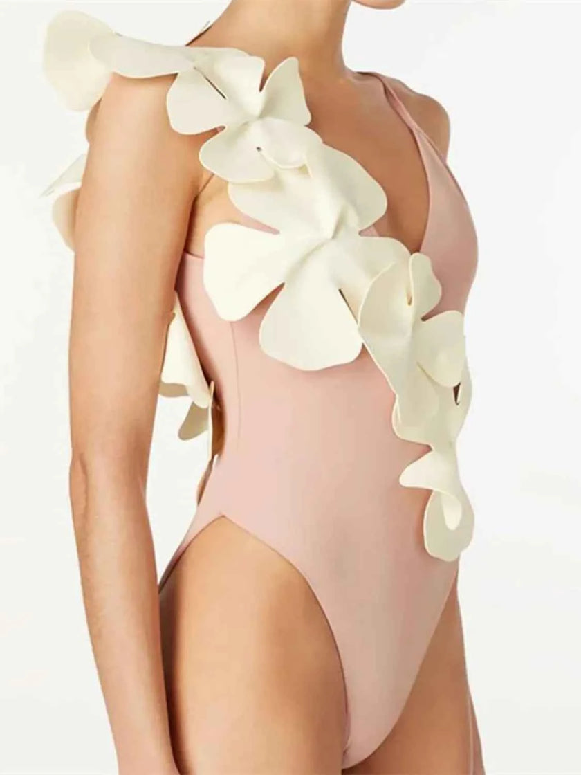 Contrast Flower Spaghetti Strap One-Piece Swimwear