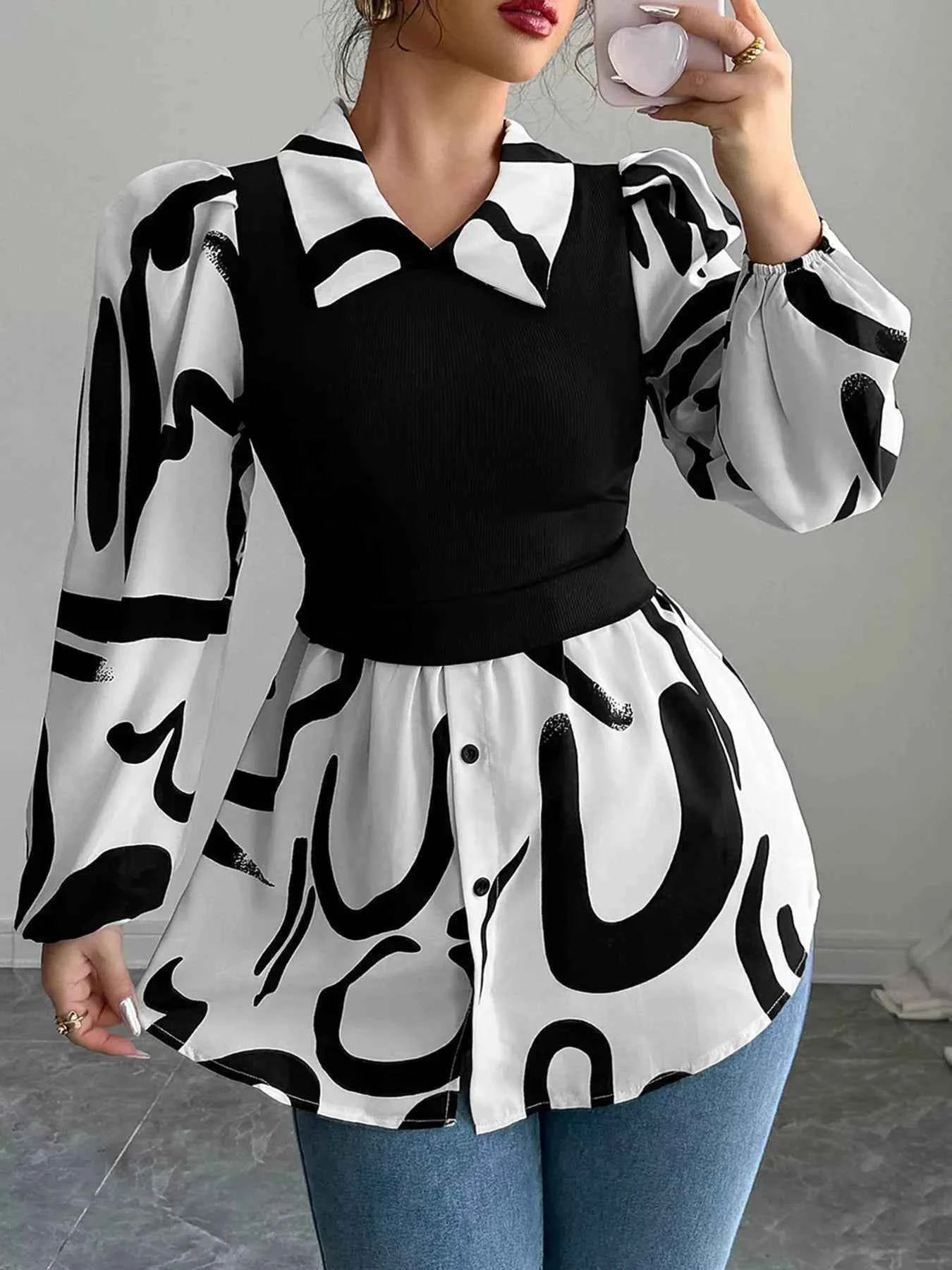 Abstract Print Long Sleeve Blouse