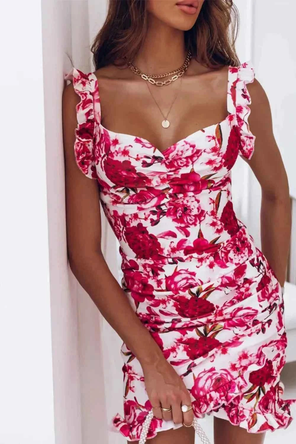 Printed Ruffled Sweetheart Neck Mini Dress